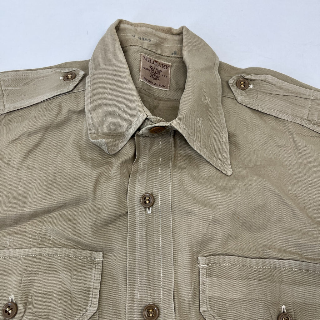 Vintage American Army Military Long Sleeve Twill Shirt +Badges Khaki Brown Large