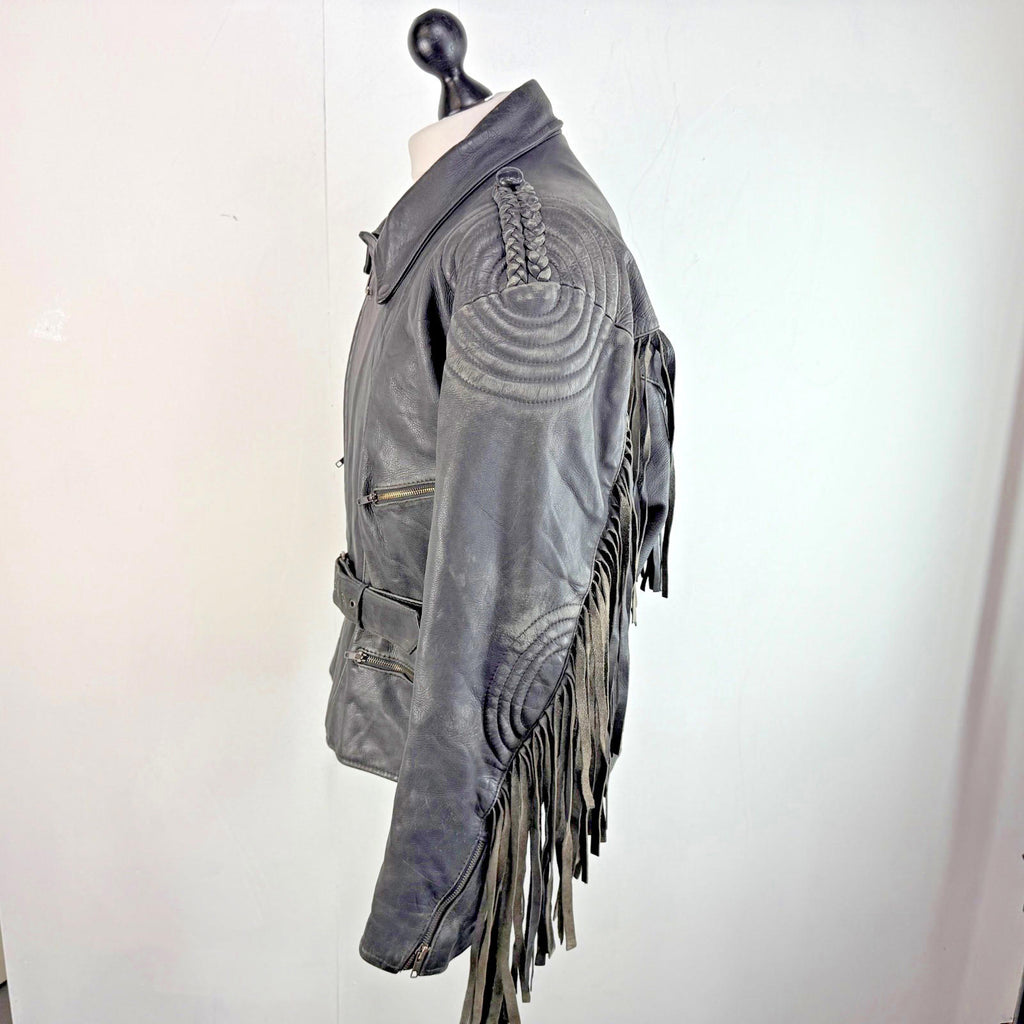 Vintage Difi of Germany Tasselled Leather Jacket Black Cruiser Cafe Racer UK 42