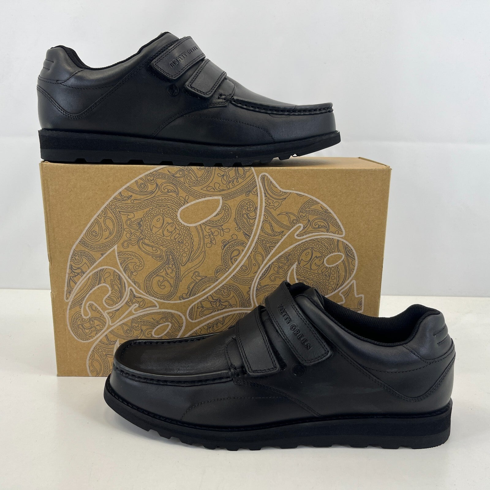 Pretty Green Harrow Easy Fasten Shoes Moccasin Loafers Mens Black Leather UK 8.5