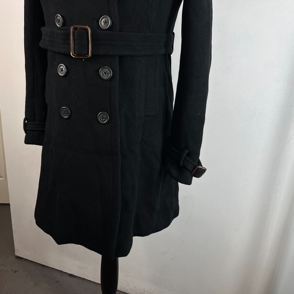 J. Crew Italian Wool Black Pea Coat Jacket Double Breasted + Belt Women’s UK 8