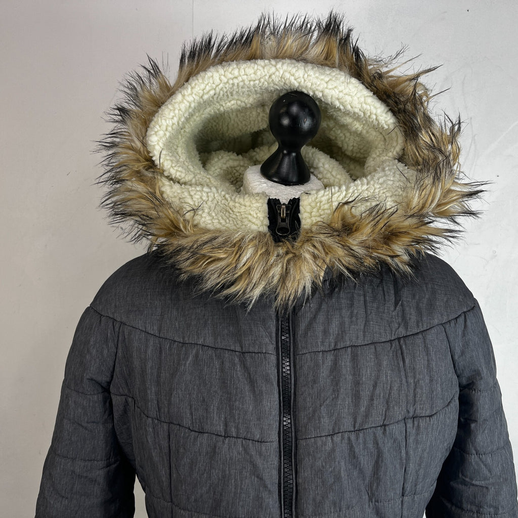 Superdry Mountain Co Mid Faux Fur Puffer - Size XL Grey Hooded  Coat