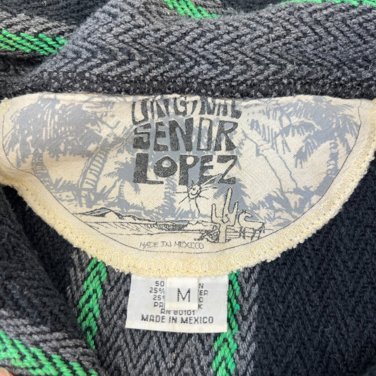 Genuine Mexican Baja Hoodie Pullover Hippie Festival Green/Black/Grey UK size M