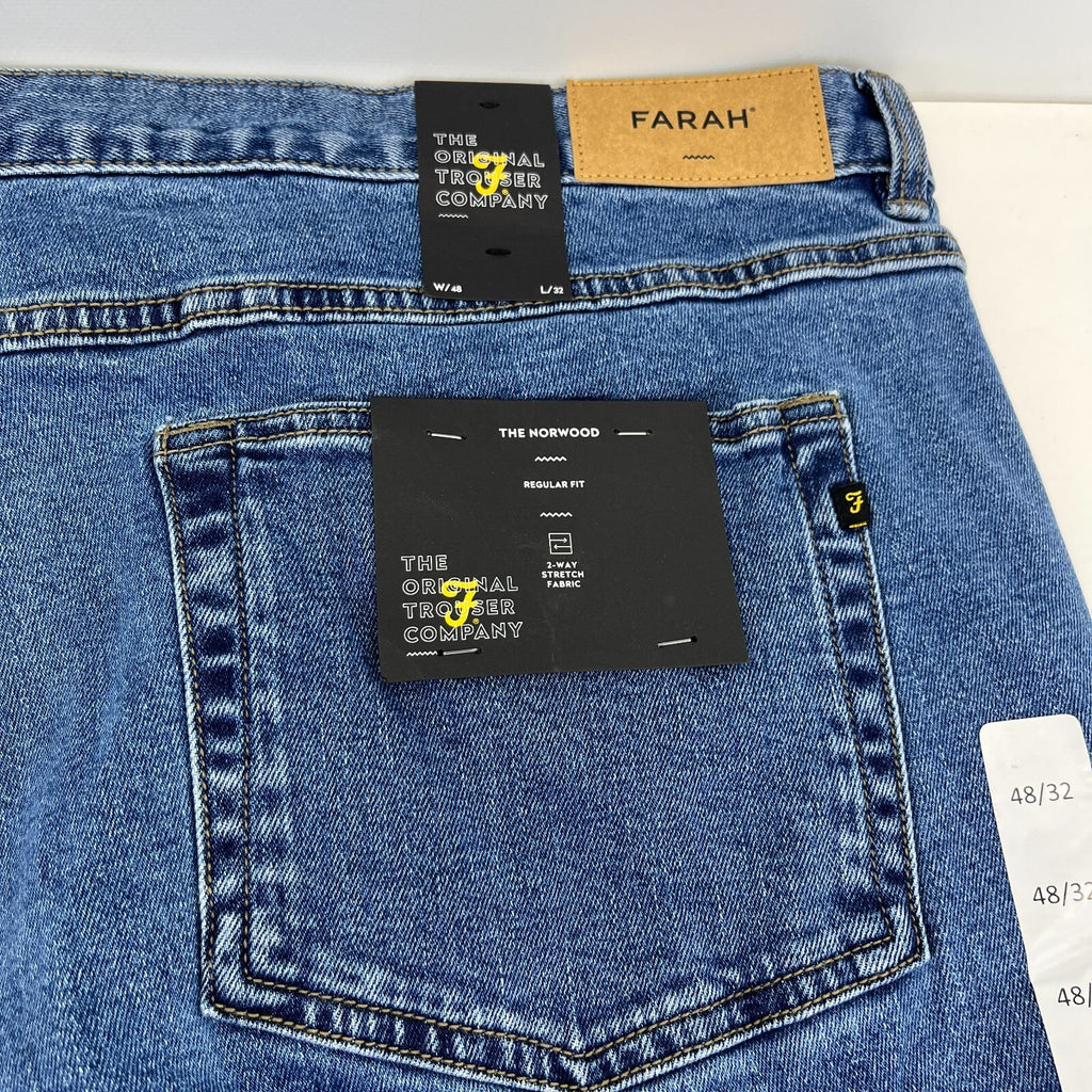 Men's Farah Norwood Indigo Mid Blue Regular Fit Jeans Straight Leg W48" L32" New