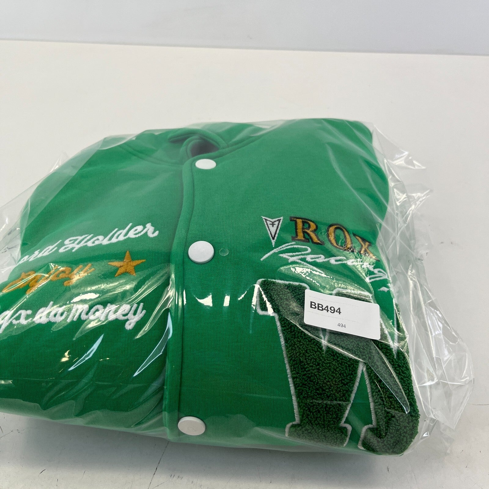 Rocqer-X Women's Green & White Embroidered Varsity Jacket size 2XL