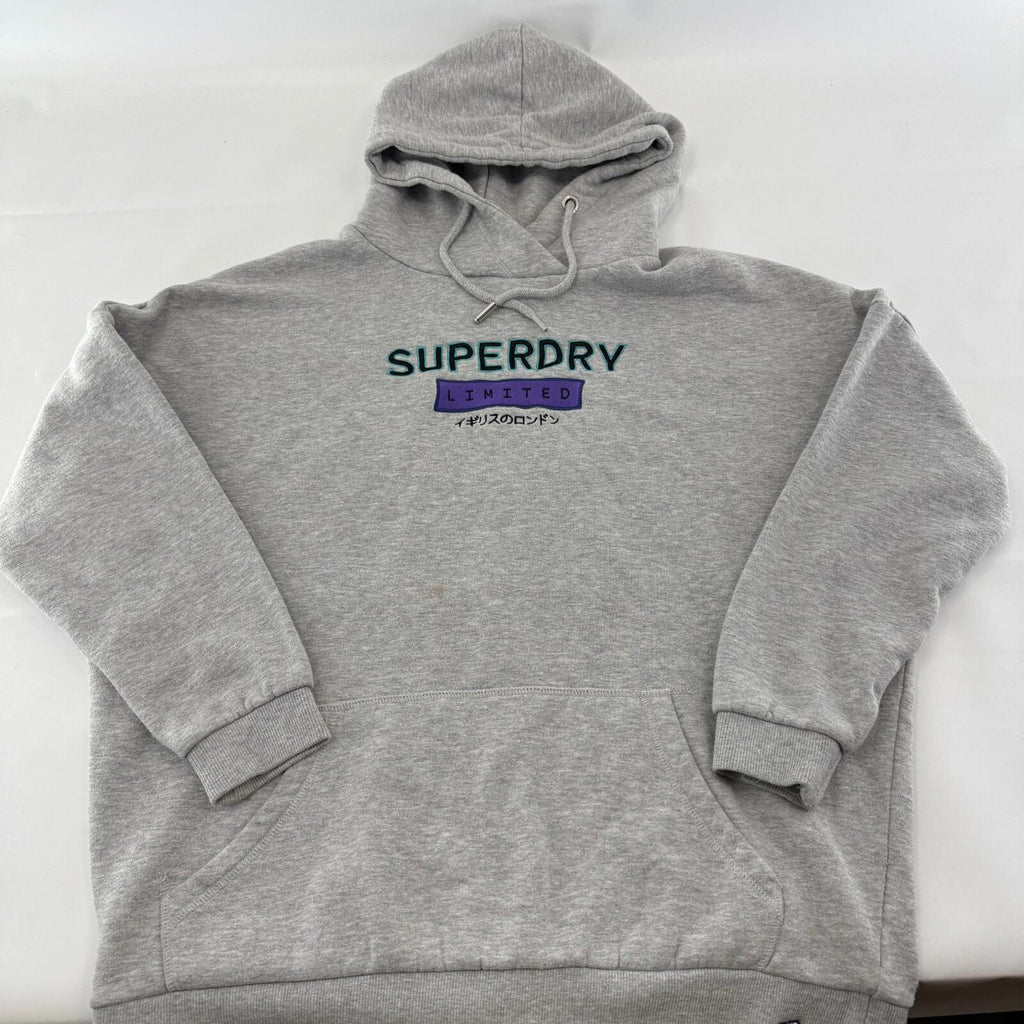 Superdry Limited Women's Sports Hoodie Grey Spell-Out Pullover UK 12 Baggy Fit