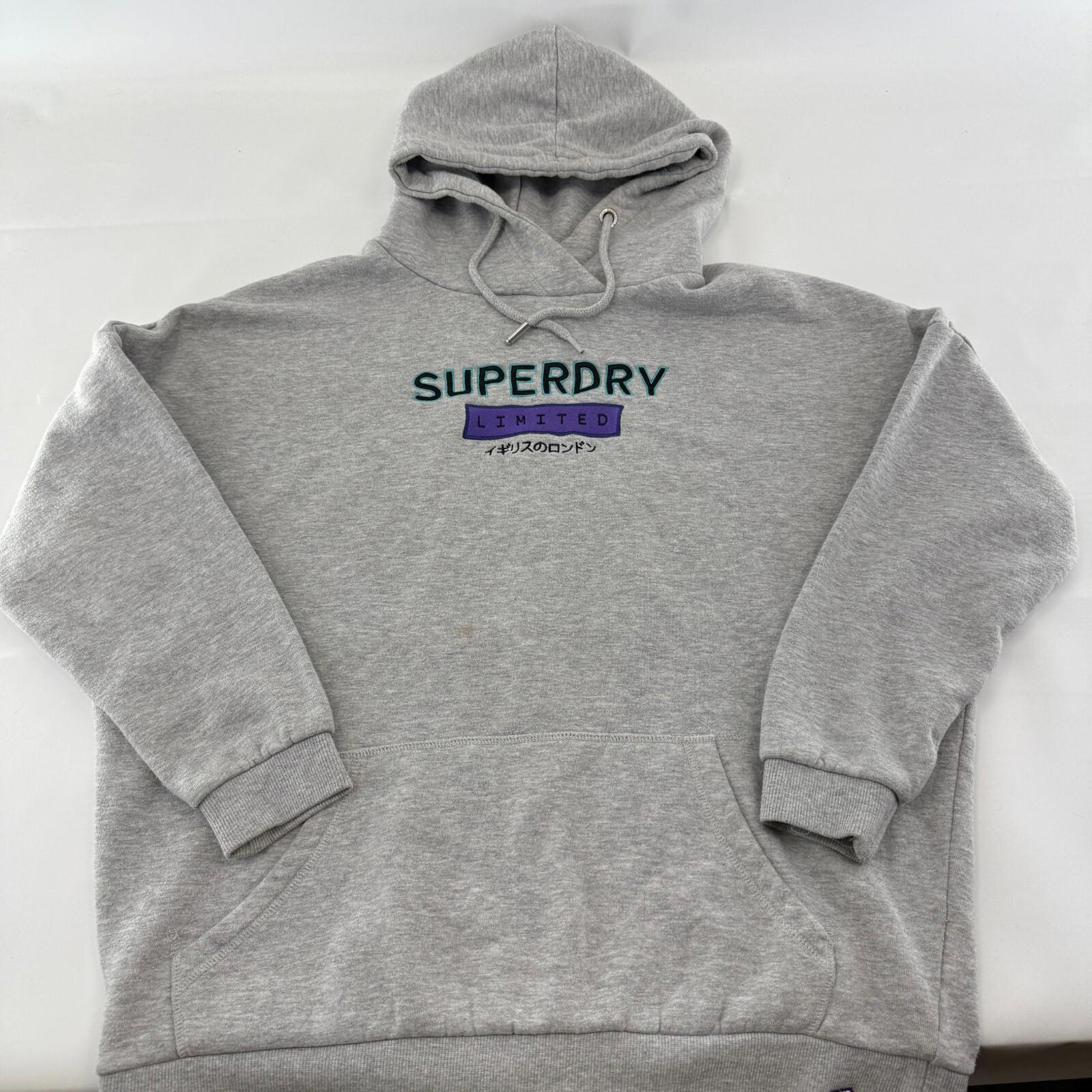 Superdry Limited Women's Sports Hoodie Grey Spell-Out Pullover UK 12 Baggy Fit