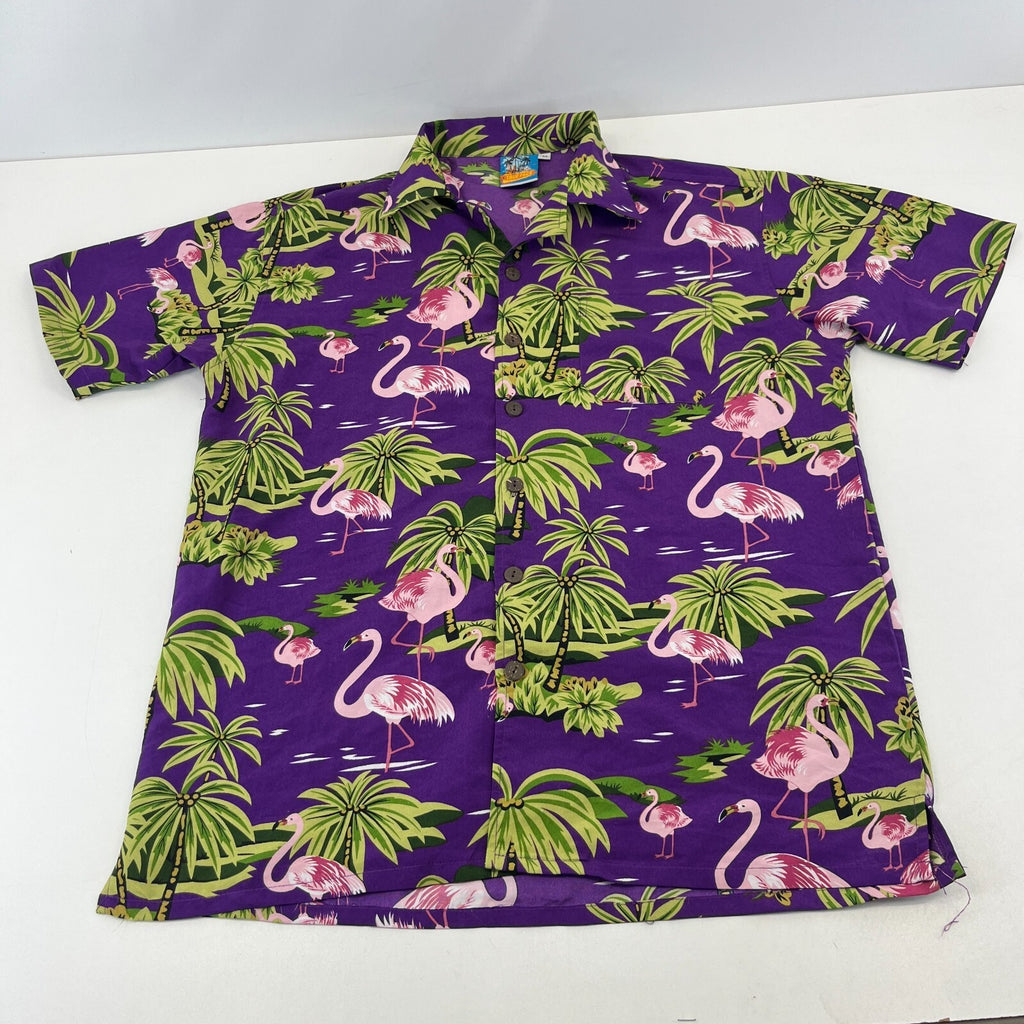 True Face Mens Purple Hawaiian Shirt Flamingo Design Short Sleeve Holiday size M