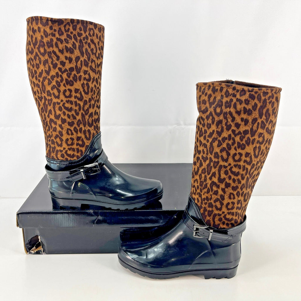 Women's Festival Boots Wellies Textured Leopard Print on Brown size UK 5 - EU 38