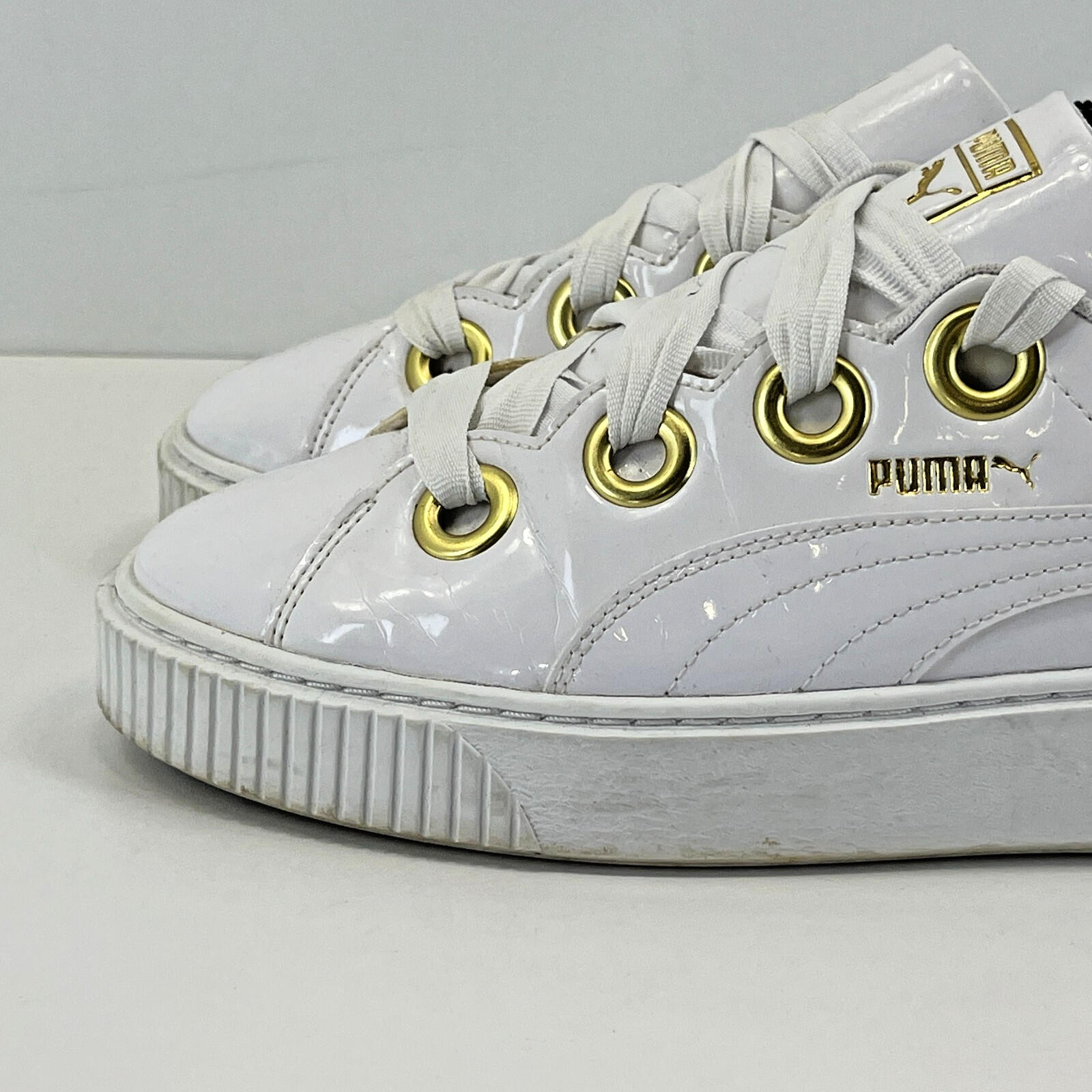 Puma Patent Kiss Trainers in White & Gold with Wide Laces size UK 8 EU 42