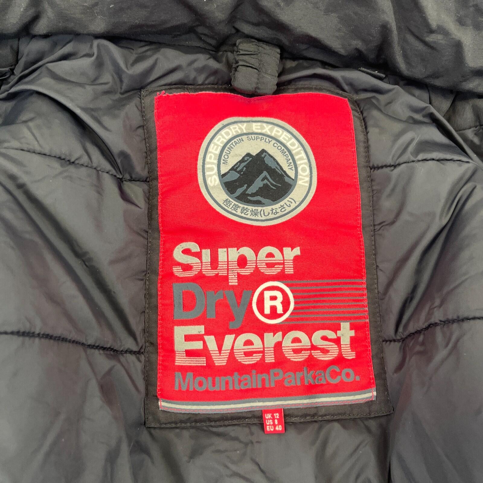 Superdry Everest Mountain Parka in Black with Fur Fringe Hood UK Women's size 12