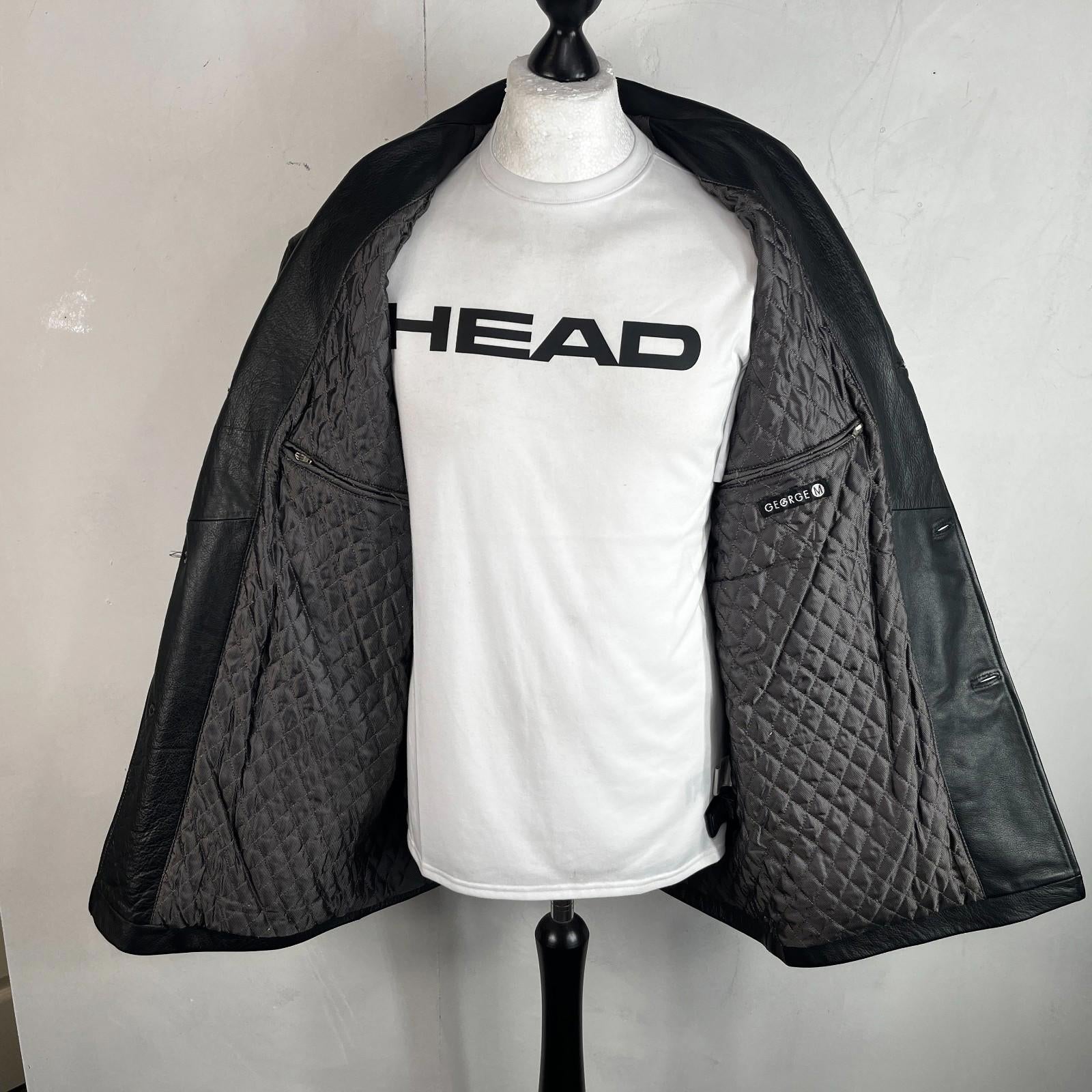 Men's Retro 100% Leather Jacket from George in Black Quilted Lined Coat