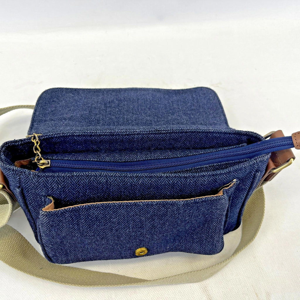 House of Tweed Navy Blue Medium Crossbody Satchel Bag Handbag Herringbone