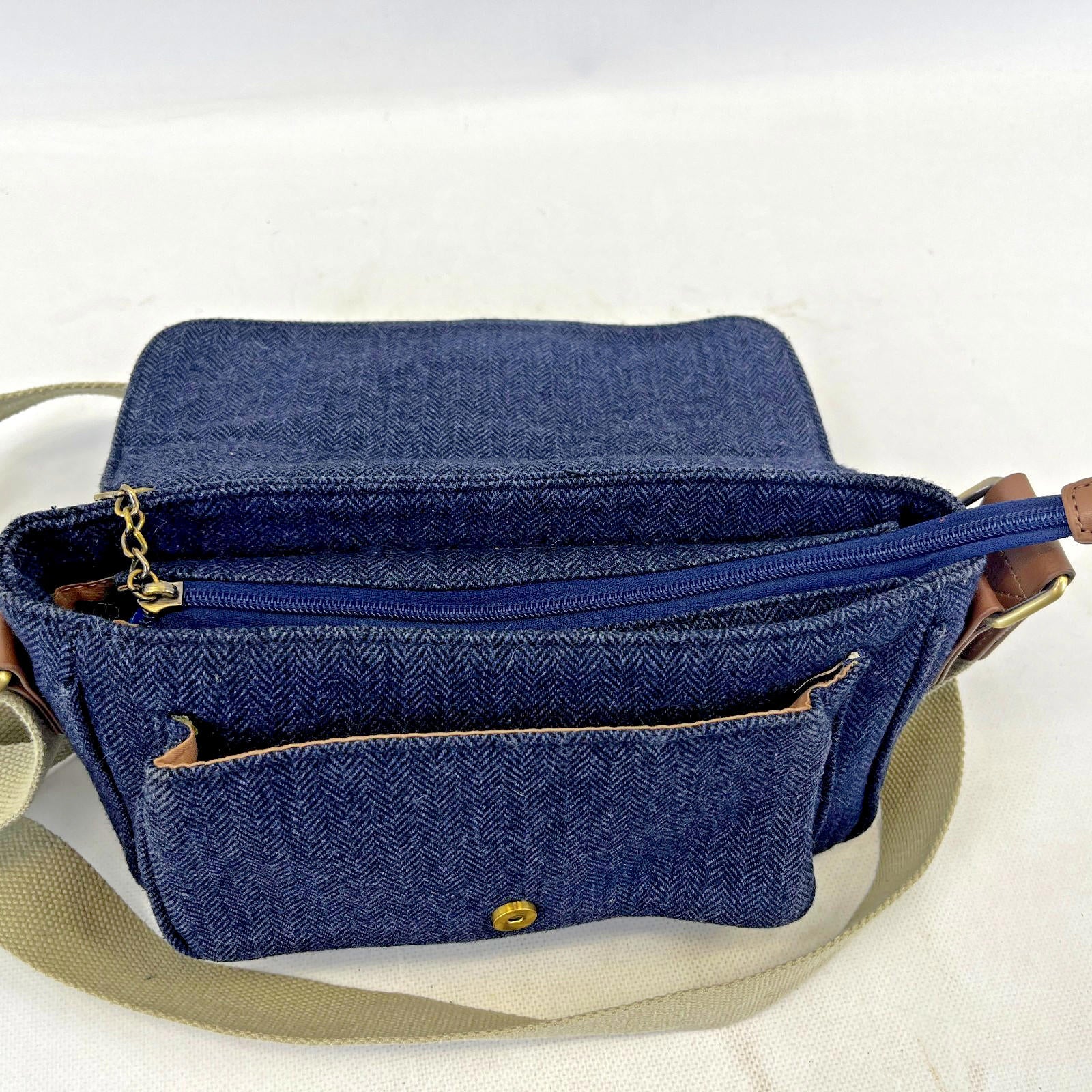 House of Tweed Navy Blue Medium Crossbody Satchel Bag Handbag Herringbone