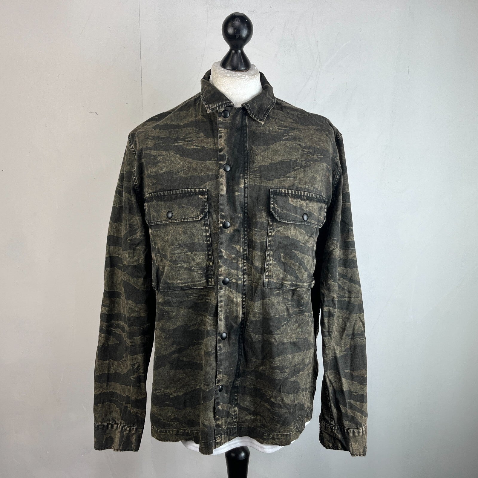 AllSaints Denim Jacket Men's size XL Relaxed Fit Distressed Tiger Camo