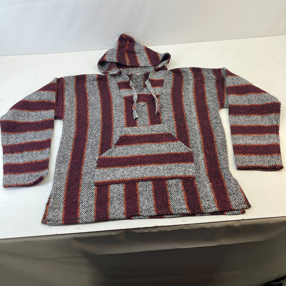 Genuine Mexican Baja Hoodie Pullover Hippie Festival Red/Grey UK size Large