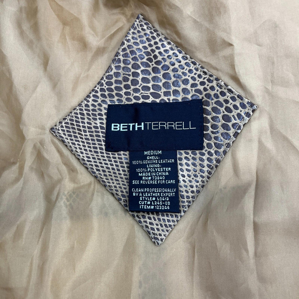 Beth Terrell Long Leather Coat Jacket Tan Brown Snake Lizard Pattern size Medium