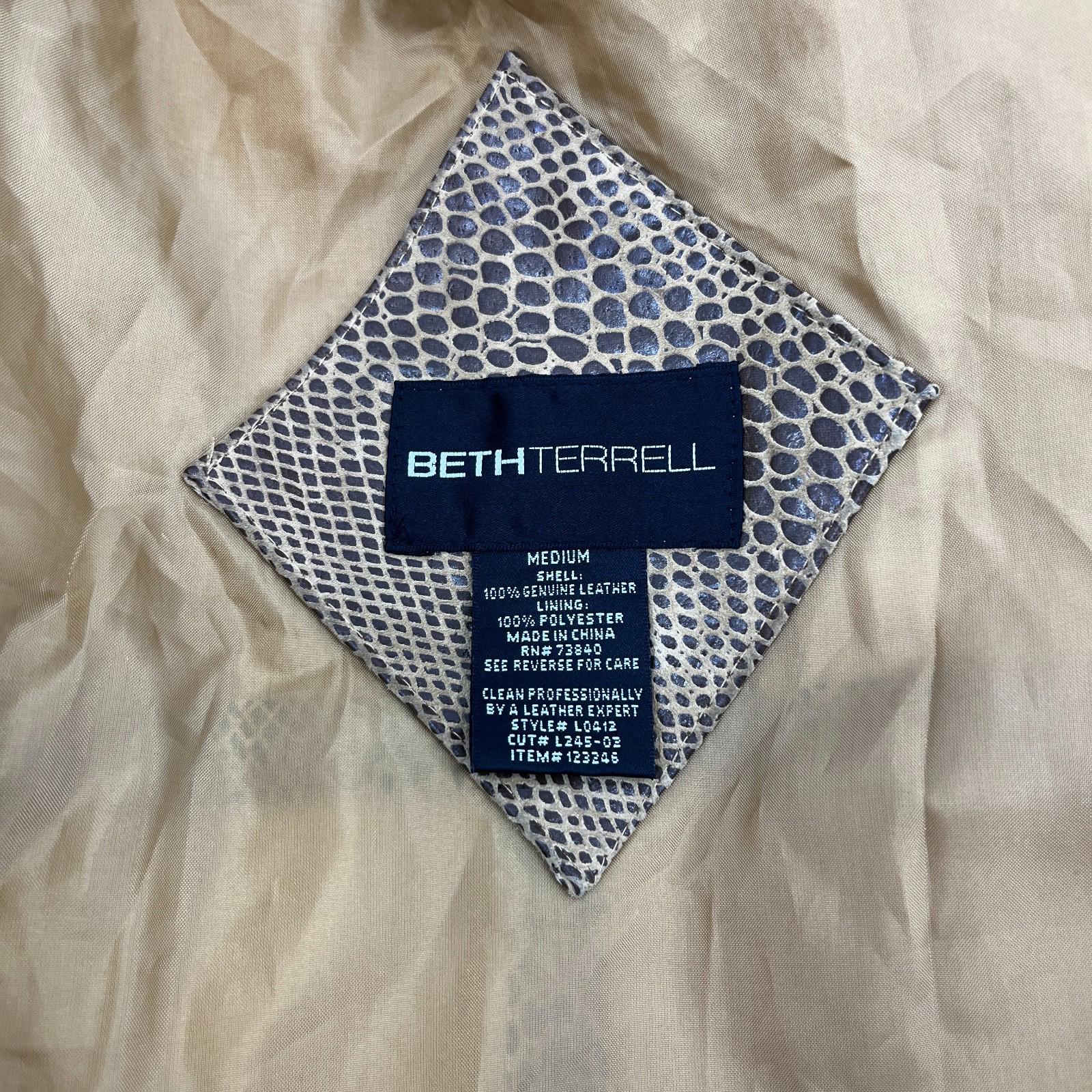 Beth Terrell Long Leather Coat Jacket Tan Brown Snake Lizard Pattern size Medium