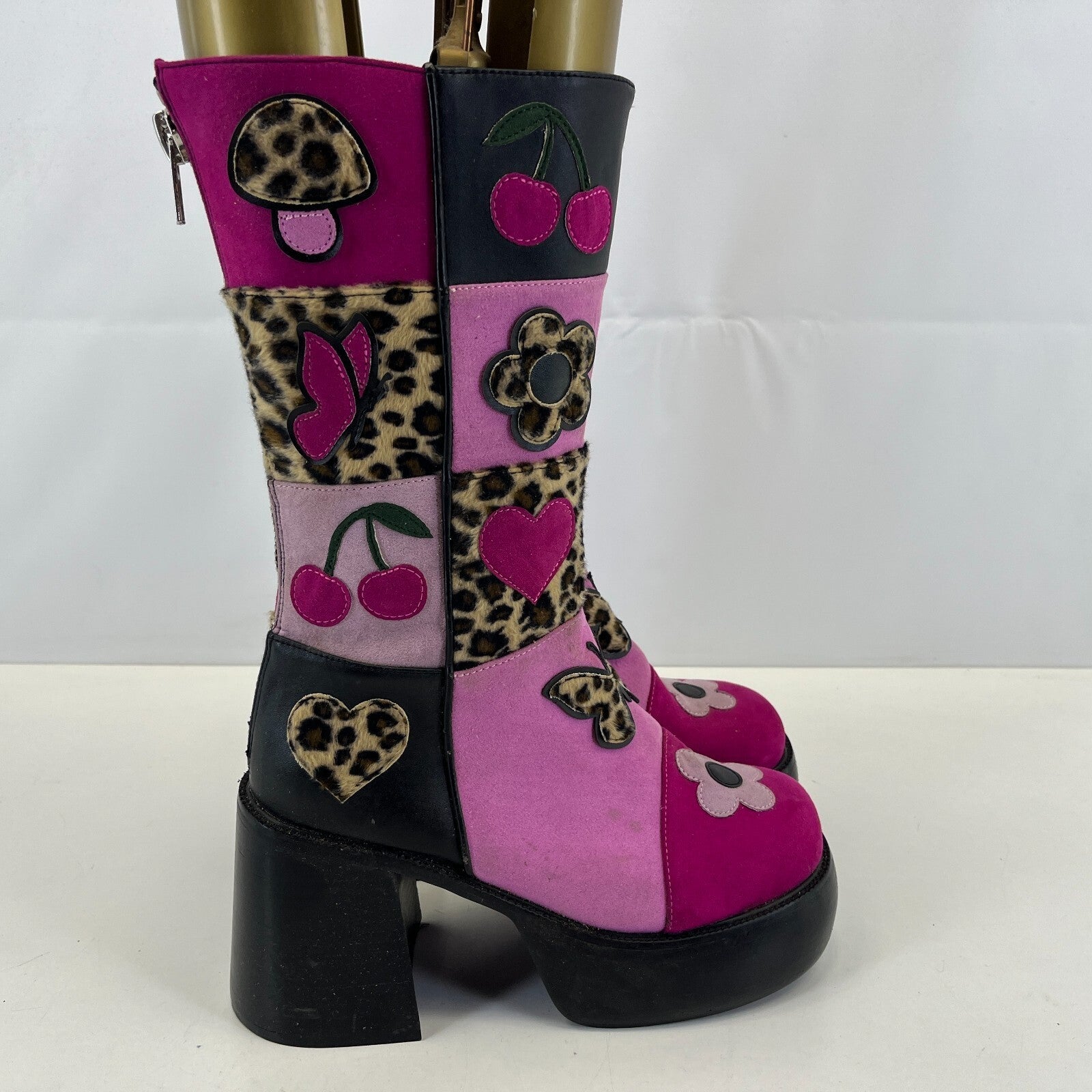 Ladies Retro 60s Disco Look Platform Boots Pink/Black Faux Suede UK 6 Glam Party