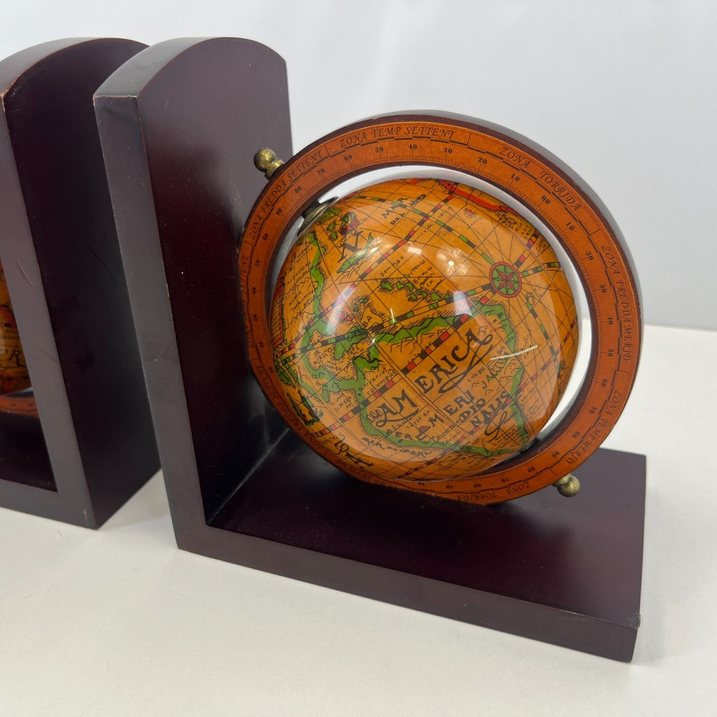 Pair of Wooden Old World Spinning Globe Bookends - Office Decor
