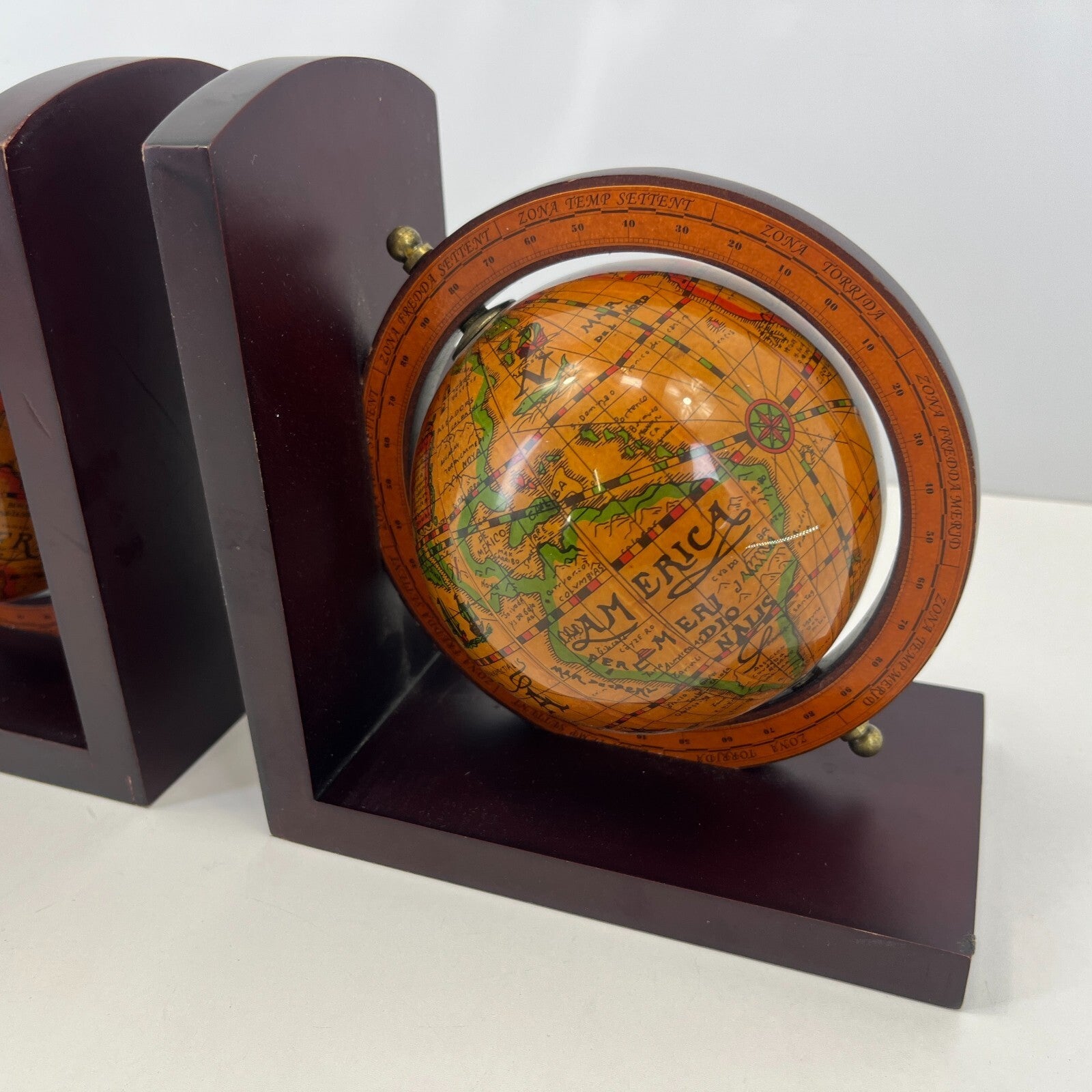Pair of Wooden Old World Spinning Globe Bookends - Office Decor