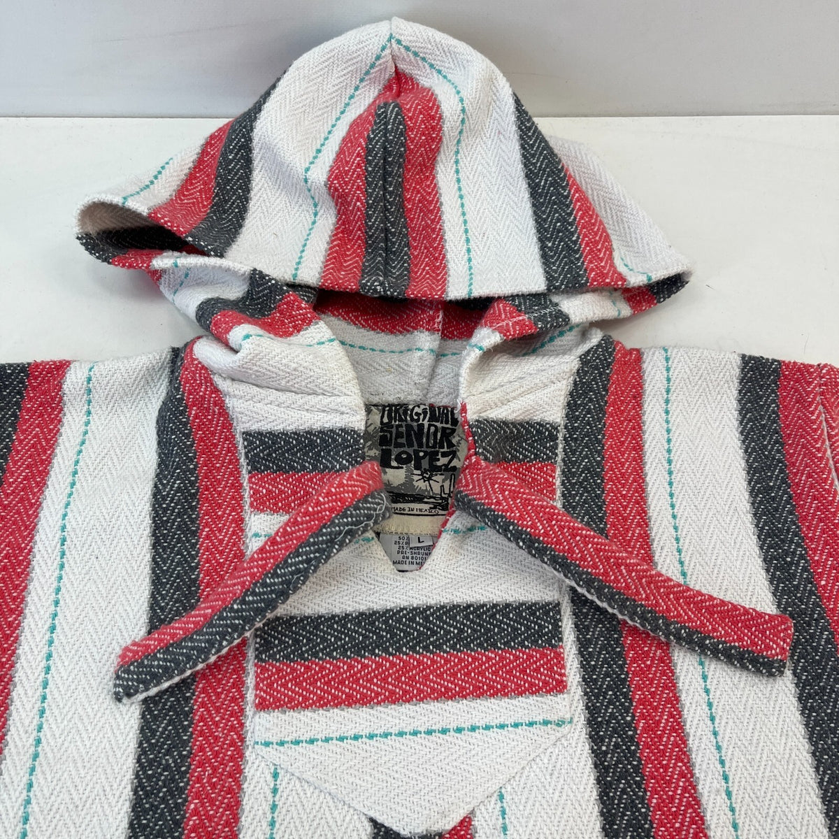 Genuine Mexican Baja Hoodie Pullover Hippie Festival Pink/White size Large