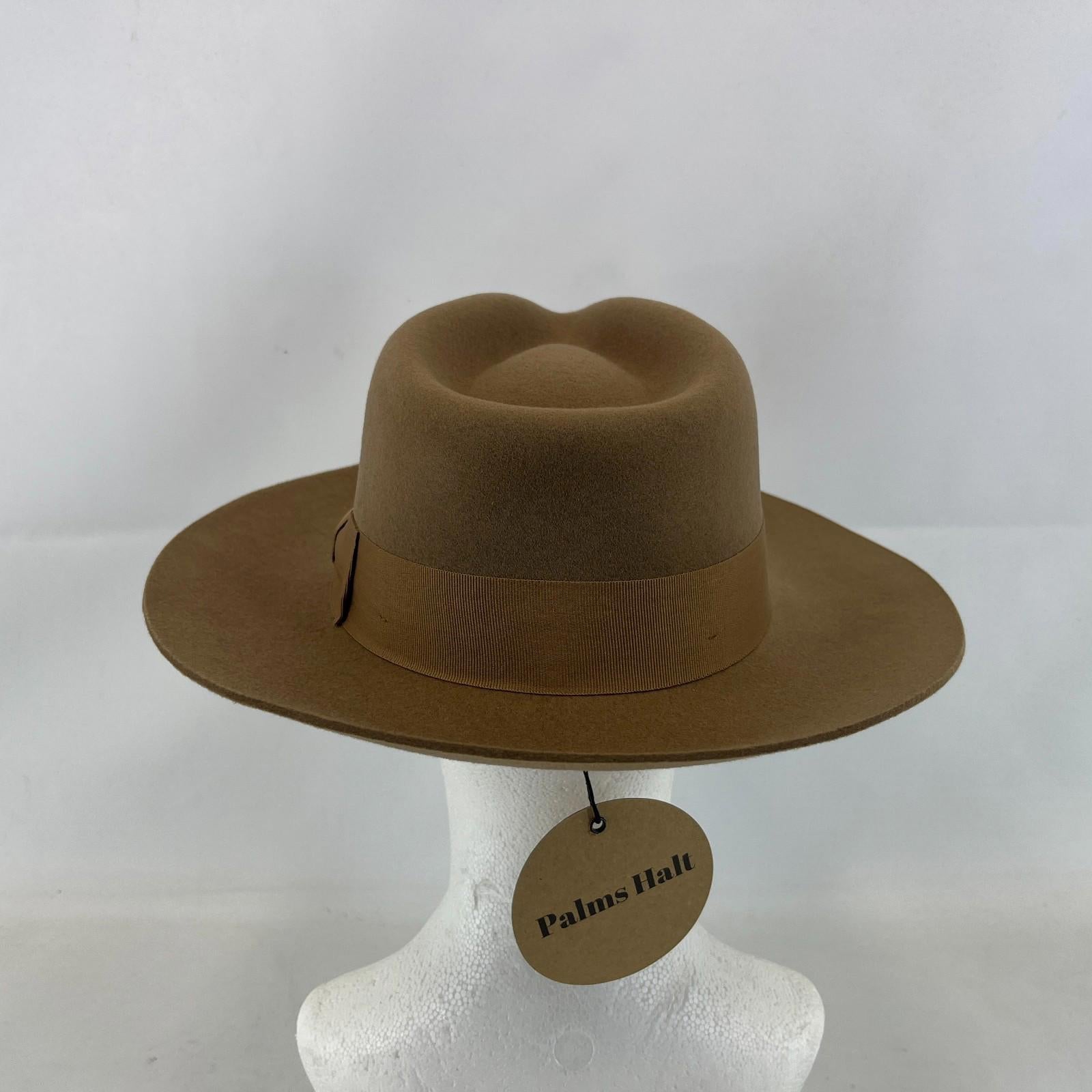 Palms Halt 100% Wool Handmade Textured Fedora Hat in Camel Brown size M 56
