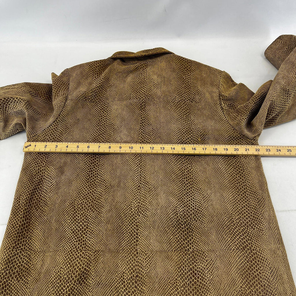 Beth Terrell Long Leather Coat Jacket Tan Brown Snake Lizard Pattern size Medium