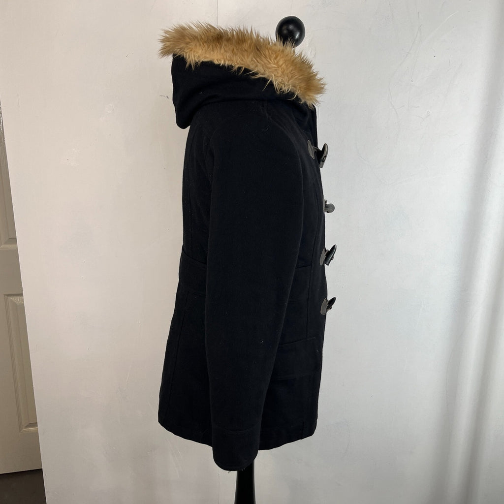 American Eagle Women's Black Duffle Parka Coat Hooded Faux Fur Trim size L