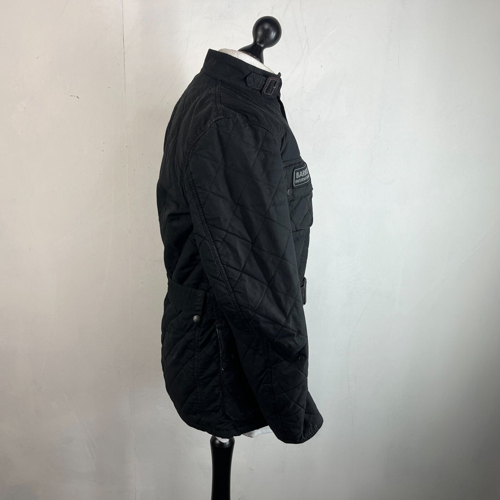 Barbour International Quilted Waxed Cotton Jacket Black with Belt Band Collar S