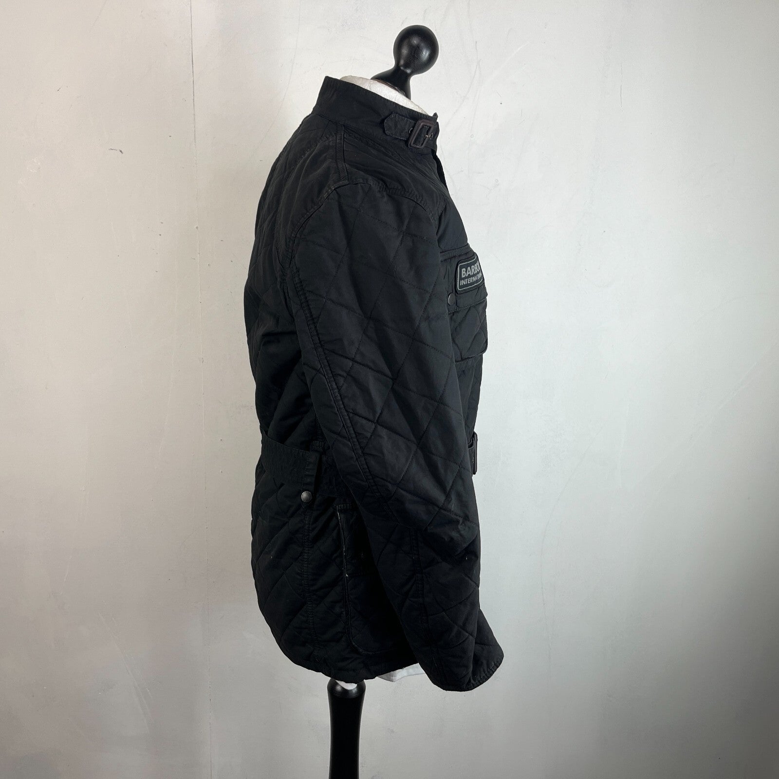 Barbour International Quilted Waxed Cotton Jacket Black with Belt Band Collar S
