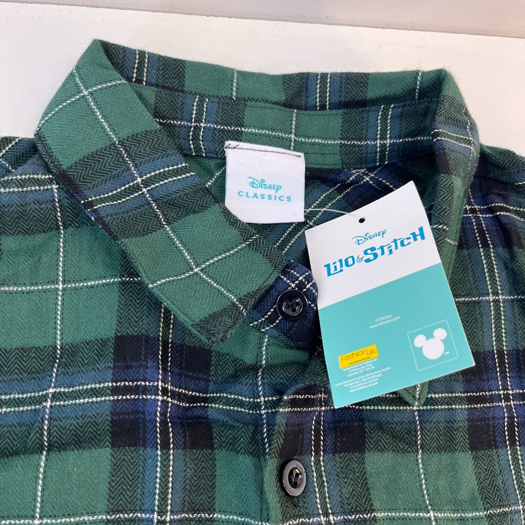 Disney Lilo & Stitch Mens "Stay Weird" Button Up Shirt Check Green Frayed Hem M