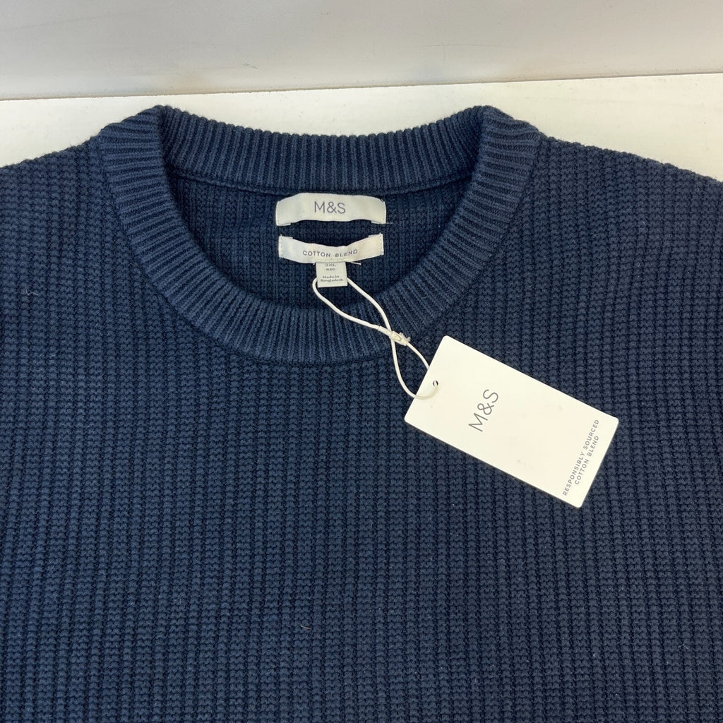 M&S Men's Cotton Blend Cable Knit Crew Neck Jumper Dark Navy Blue size 3XL New