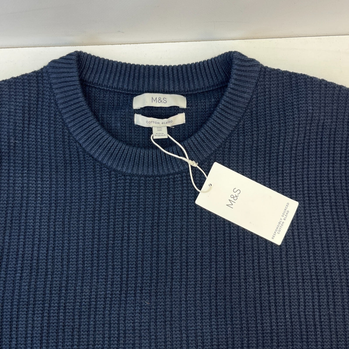 M&S Men's Cotton Blend Cable Knit Crew Neck Jumper Dark Navy Blue size 3XL New