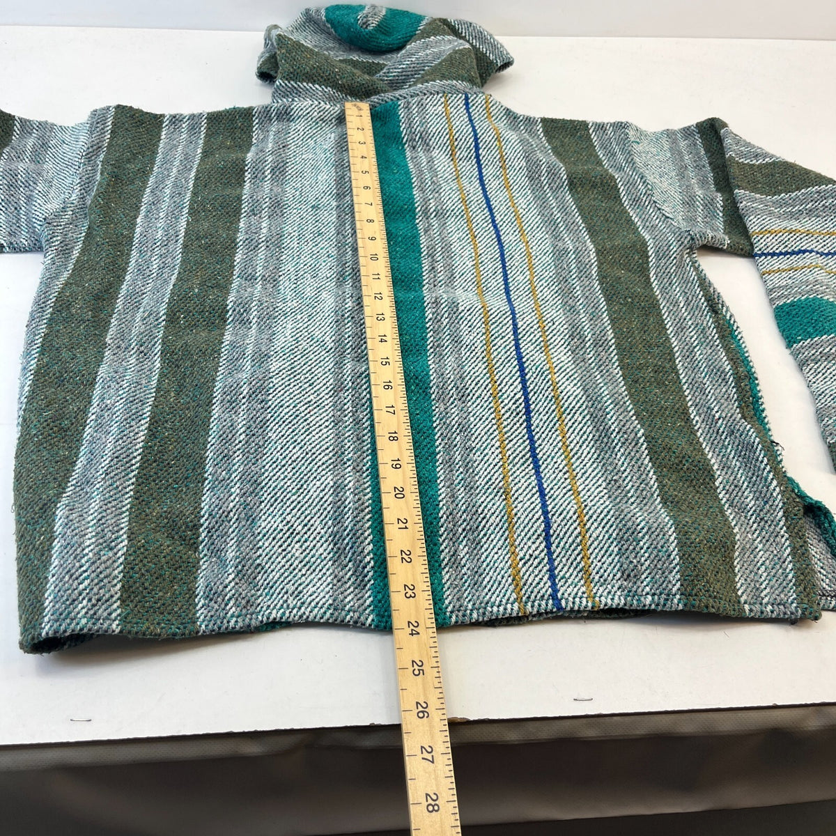 Genuine Mexican Baja Hoodie Pullover Hippie Festival Green Stripe UK size L
