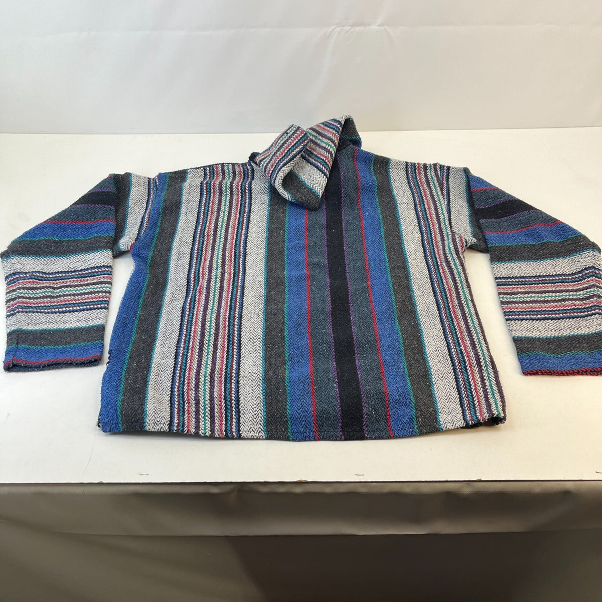Genuine Mexican Baja Hoodie Pullover Hippie Festival Blue/Black/Grey UK size XL