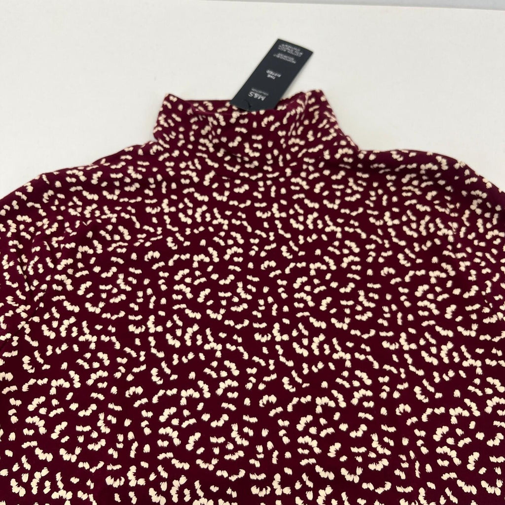 M&S Collection Women's Turtle Neck Top Burgundy & White Long Sleeve Tee size 12