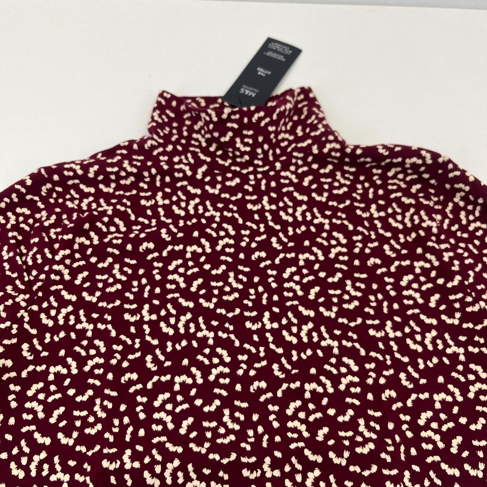 M&S Collection Women's Turtle Neck Top Burgundy & White Long Sleeve Tee size 12