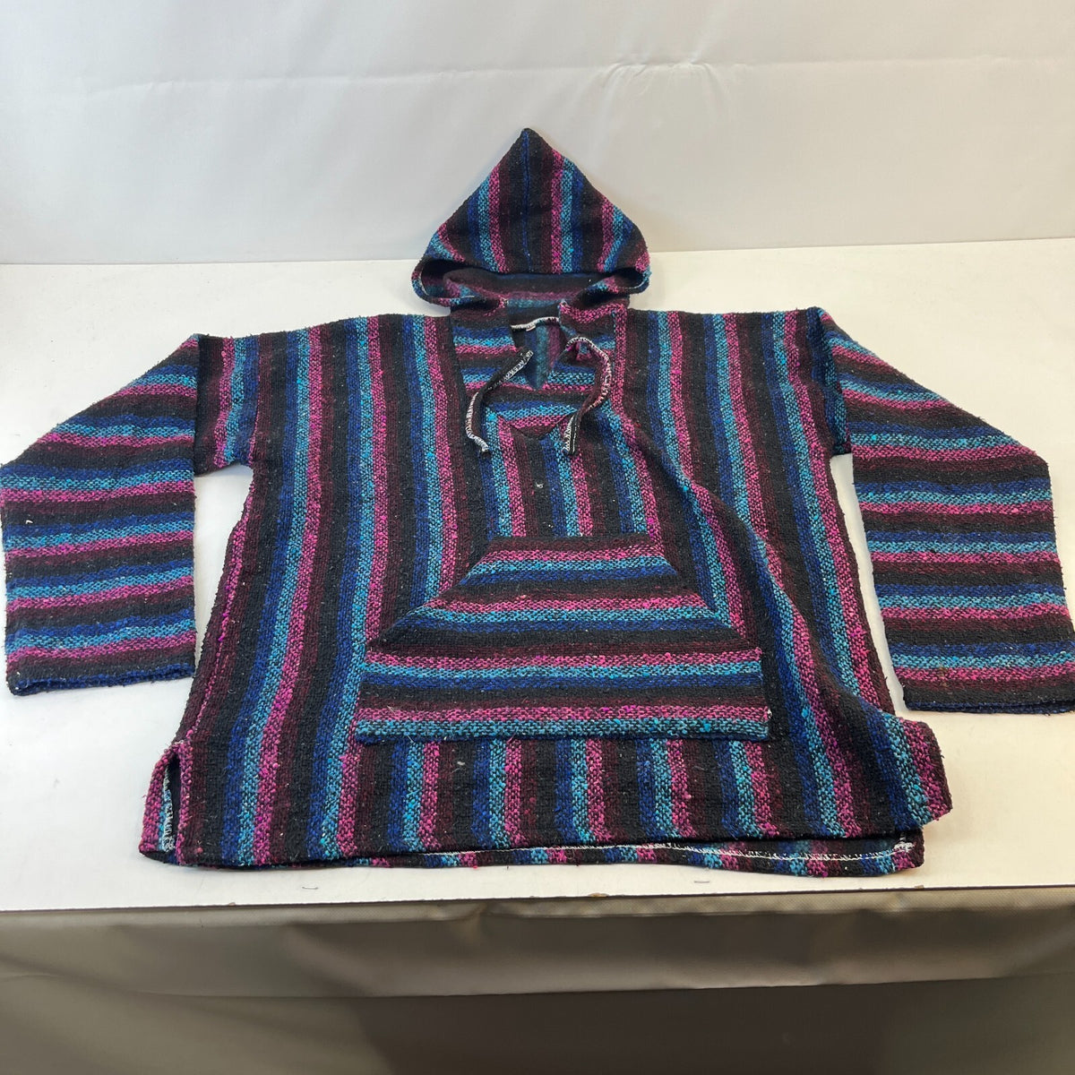 Genuine Mexican Baja Hoodie Pullover Hippie Festival Pink/Black Stripe UK size L