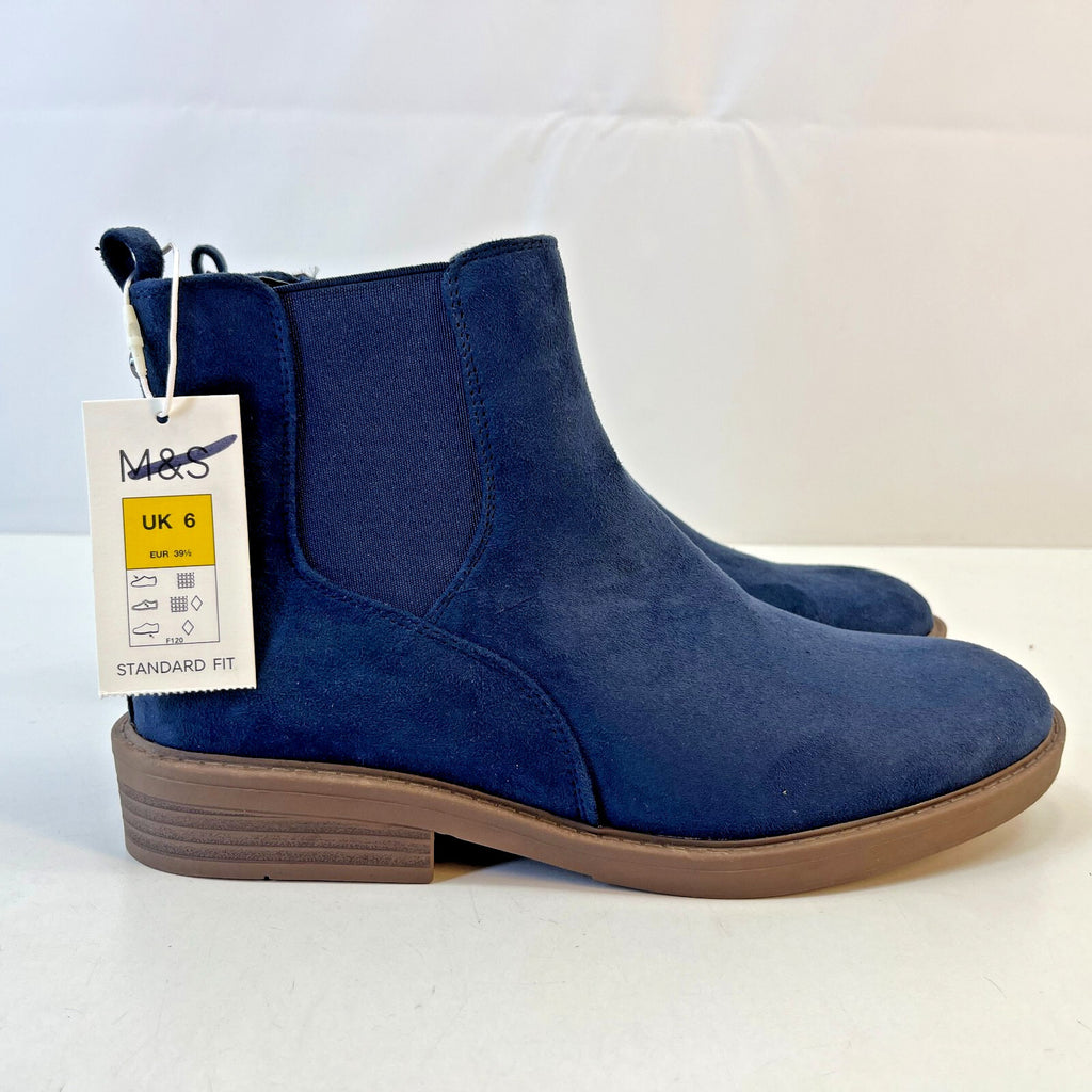 M&S Ladies Vegan Faux Suede Almond Toe Ankle Chelsea Boots Blue UK 6 EU 39.5