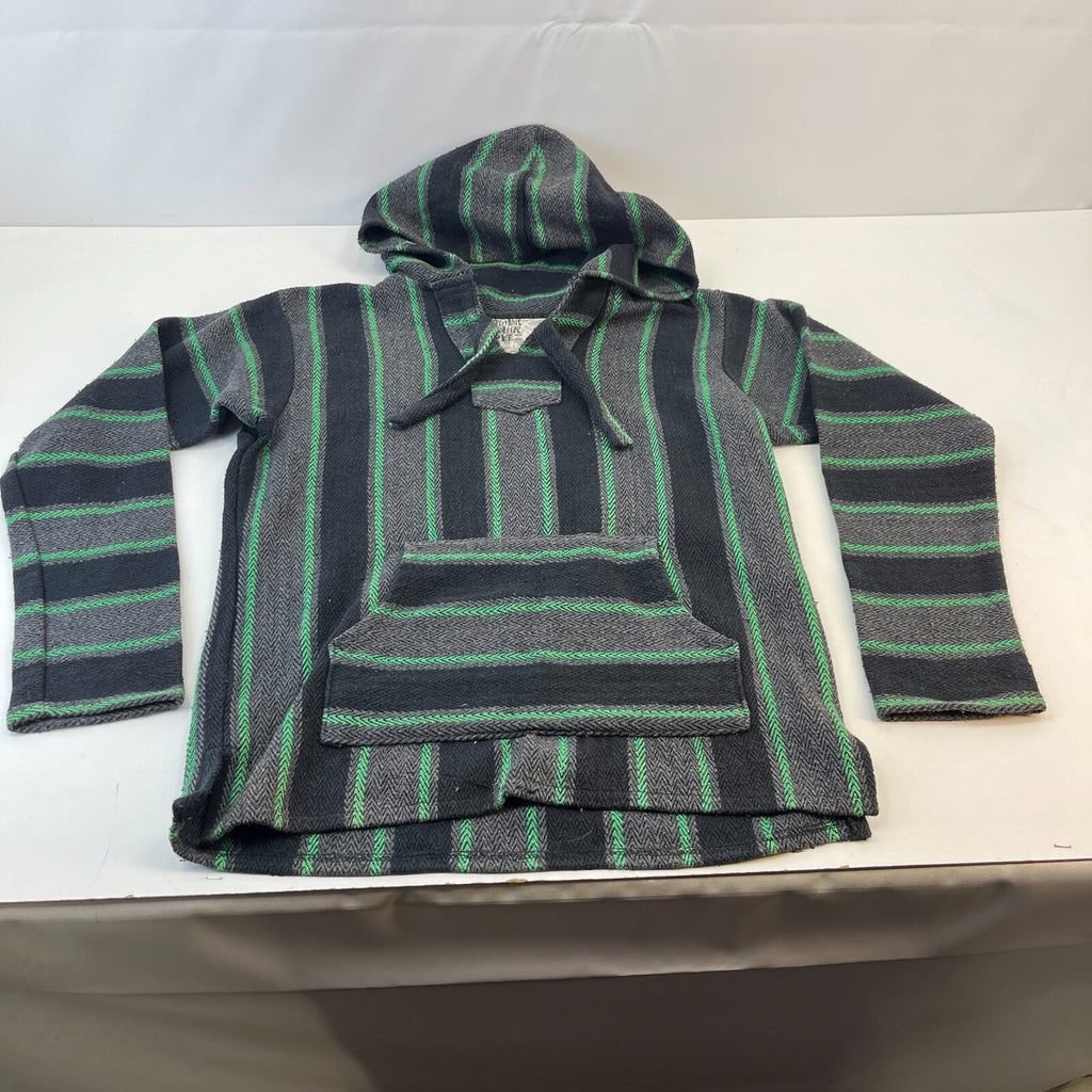 Genuine Mexican Baja Hoodie Pullover Hippie Festival Green/Black/Grey UK size M