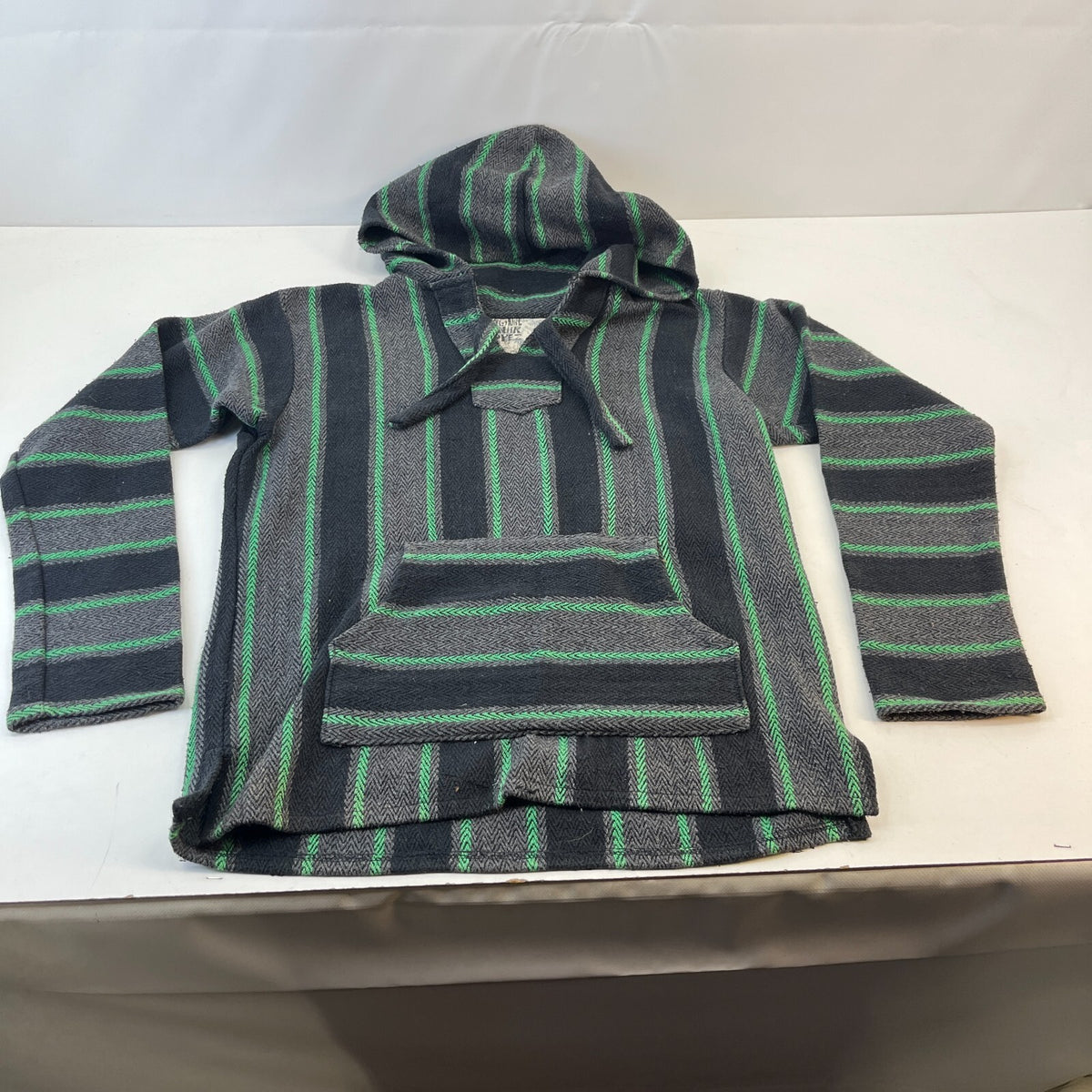 Genuine Mexican Baja Hoodie Pullover Hippie Festival Green/Black/Grey UK size M