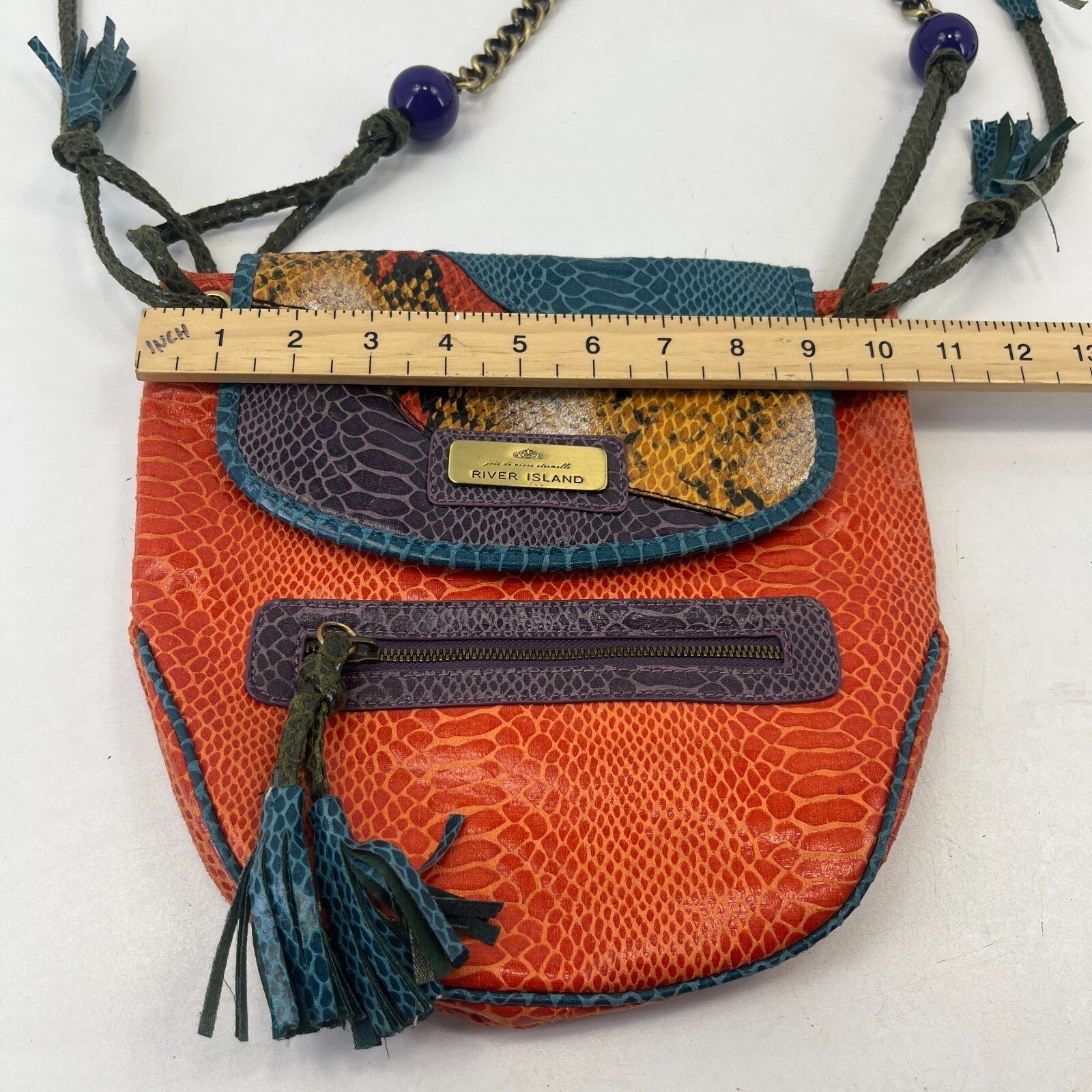 River Island Faux Snakeskin Leather Tassel foldover Chain Handbag Boho Hippy