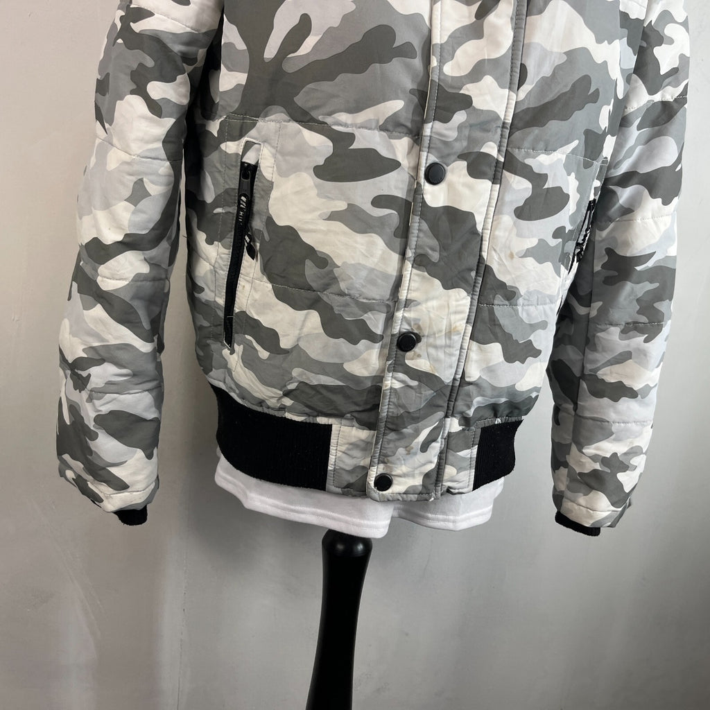 Tommy Hilfiger Camo Hooded Bomber Jacket size M Coat Grey White Water Resistant