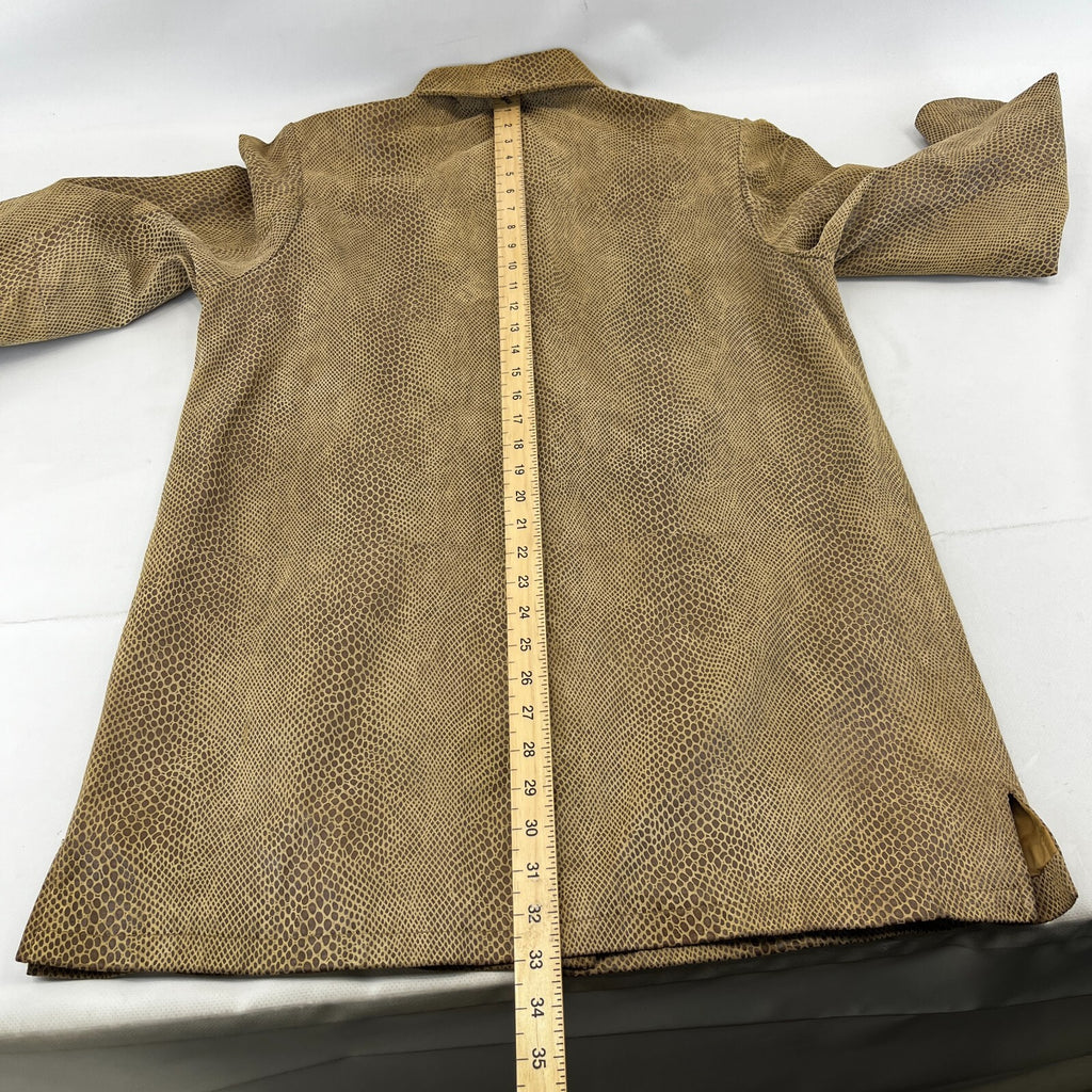 Beth Terrell Long Leather Coat Jacket Tan Brown Snake Lizard Pattern size Medium