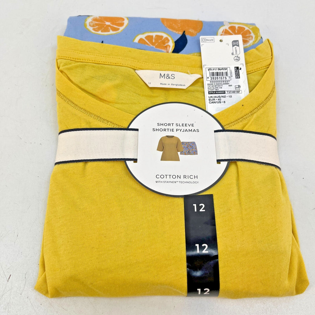 M&S Ladies Pyjama Set size 12 Yellow with Fruit Short Leg Short Sleeve - BNWT