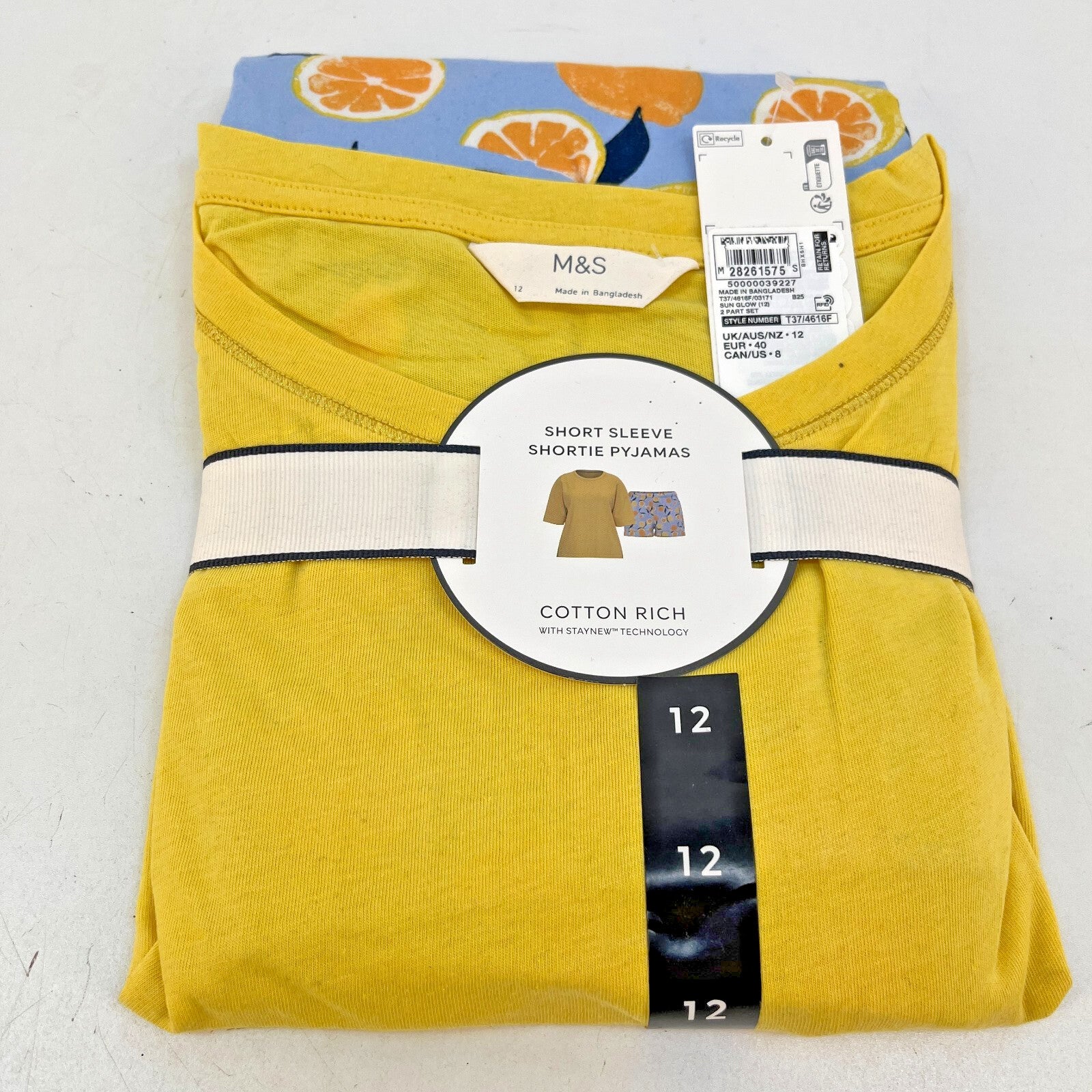 M&S Ladies Pyjama Set size 12 Yellow with Fruit Short Leg Short Sleeve - BNWT