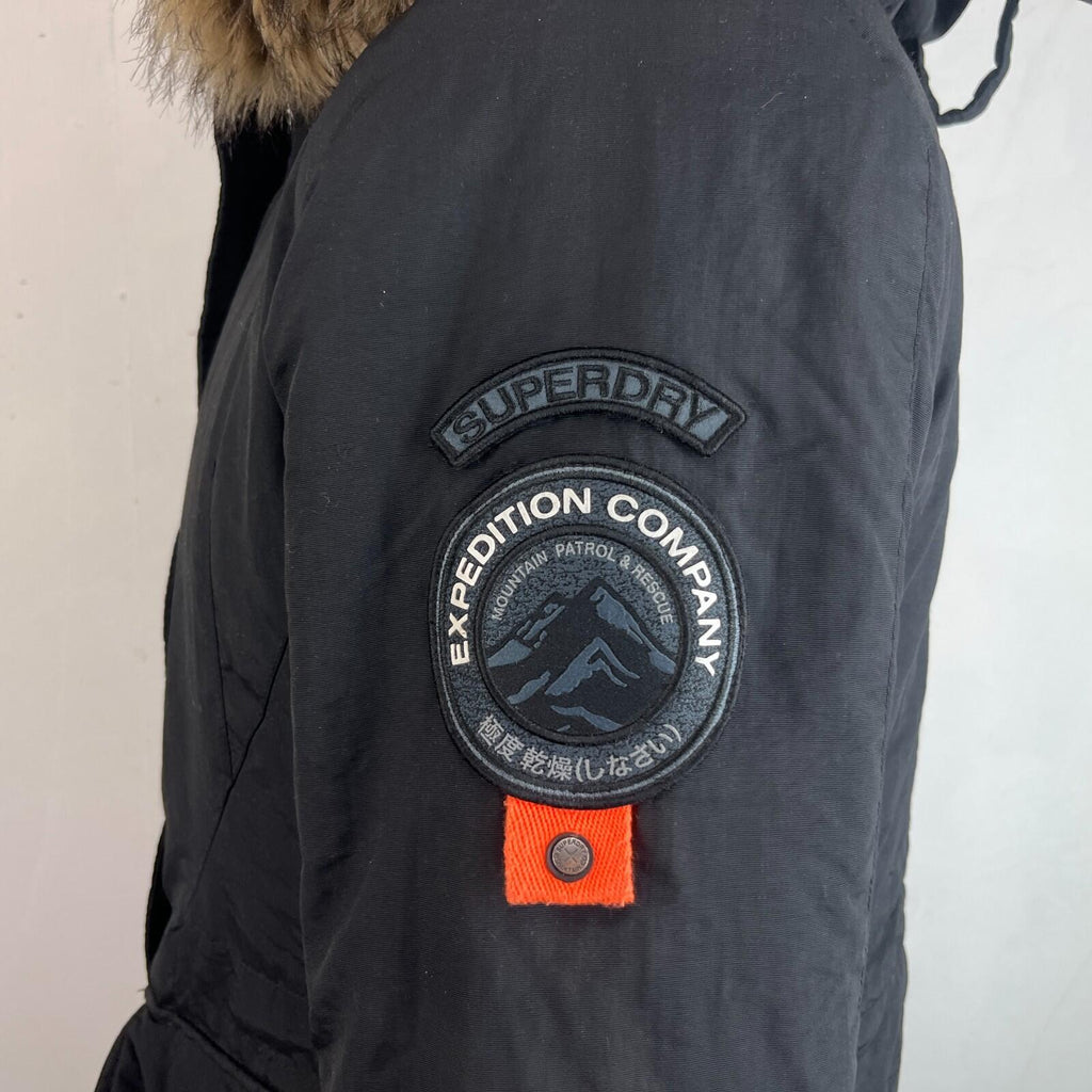 Superdry Everest Mountain Parka in Black with Fur Fringe Hood UK Women's size 12