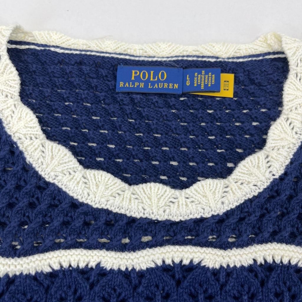 Polo Ralph Lauren Crochet Knit Jumper Women's size Large Blue/White Crew Neck