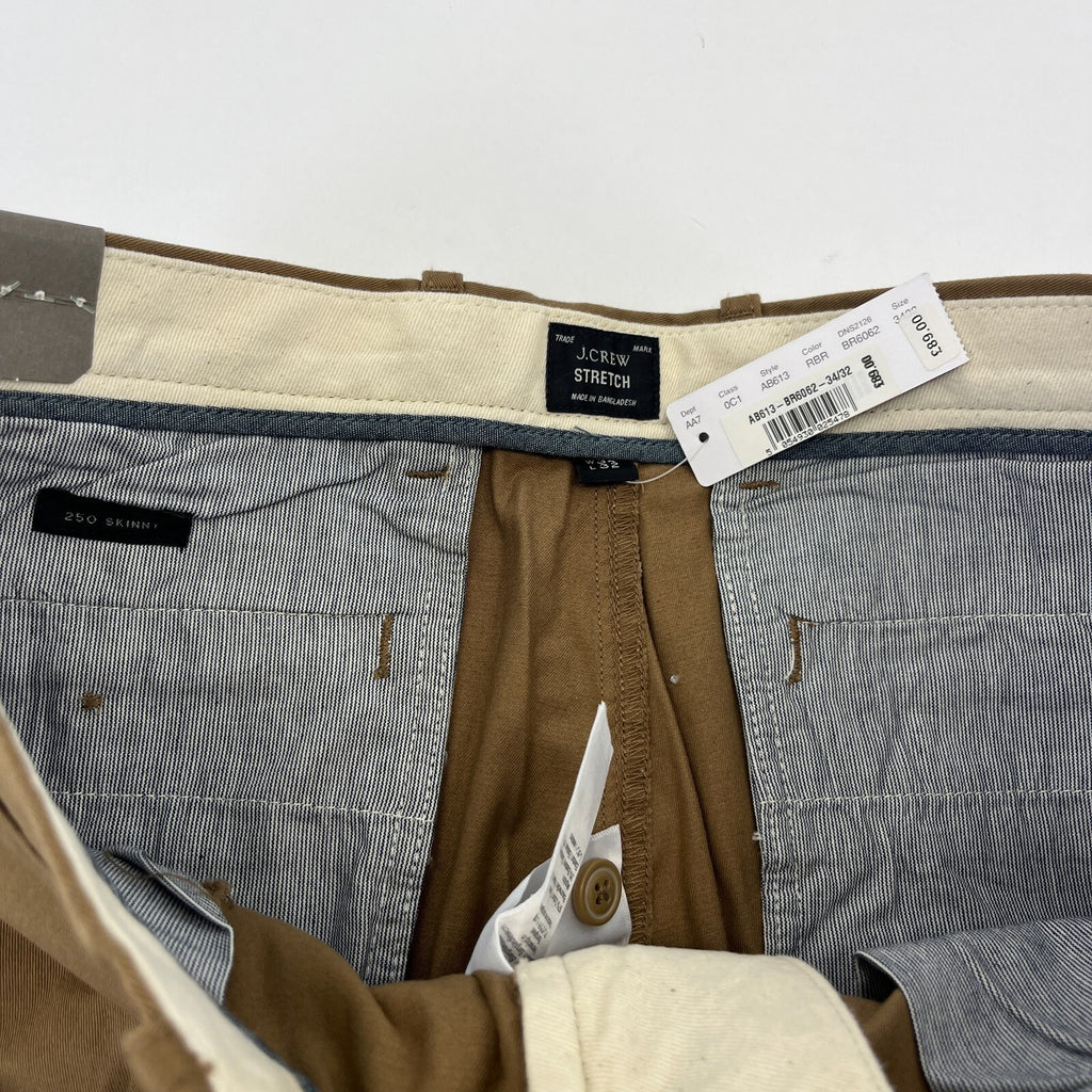 J Crew 250 Skinny Fit Stretch Chino Trousers in Brown W34" L32" New with Tags