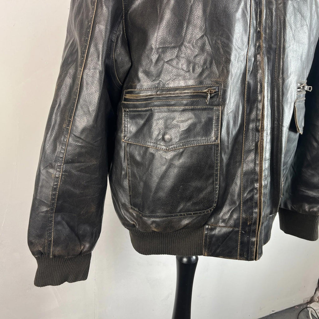 Vtg Tommy Hilfiger Brown Distressed Faux Leather Jacket Sherpa Lined Mens 2XL